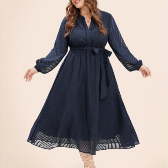 BloomChic Plus Size 2XL Solid Geometric Pocket Mesh Lantern Sleeve Belt Dress - Picture 4 of 7